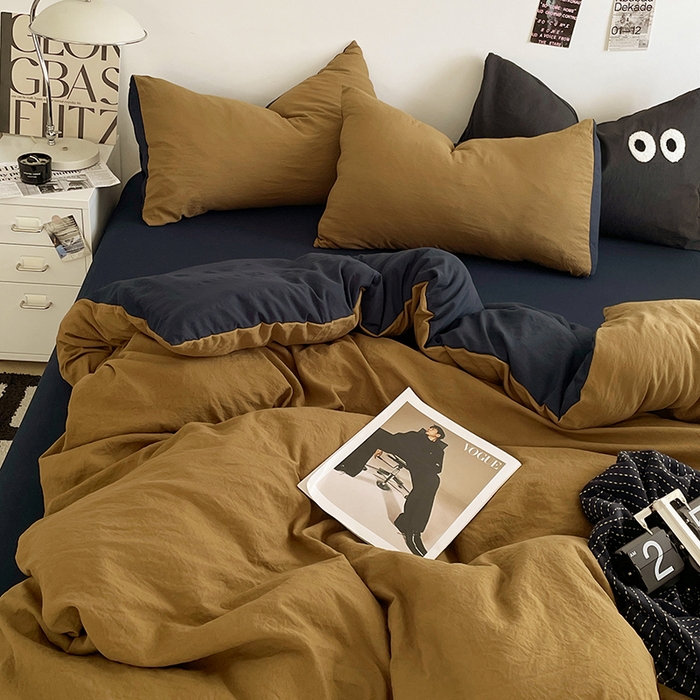 91家纺网 家纺一手货源 找家纺 优尚佳生活馆 2025新款ins风超柔褶皱亲肤磨毛水洗棉四件套双拼系列（风格一） 玛瑙洛克