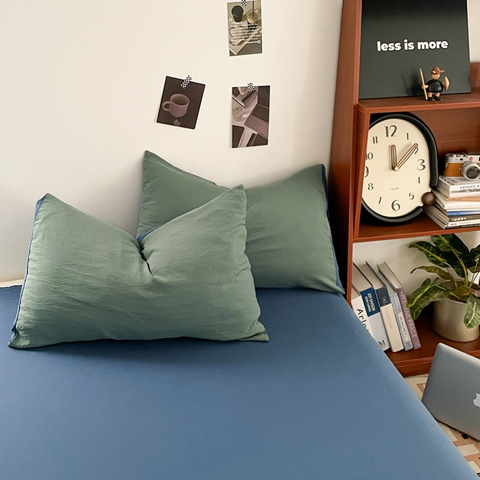 91家纺网 家纺一手货源 找家纺 优尚佳生活馆 2025新款ins风超柔褶皱亲肤磨毛水洗棉四件套双拼系列（风格二） 清新牛仔