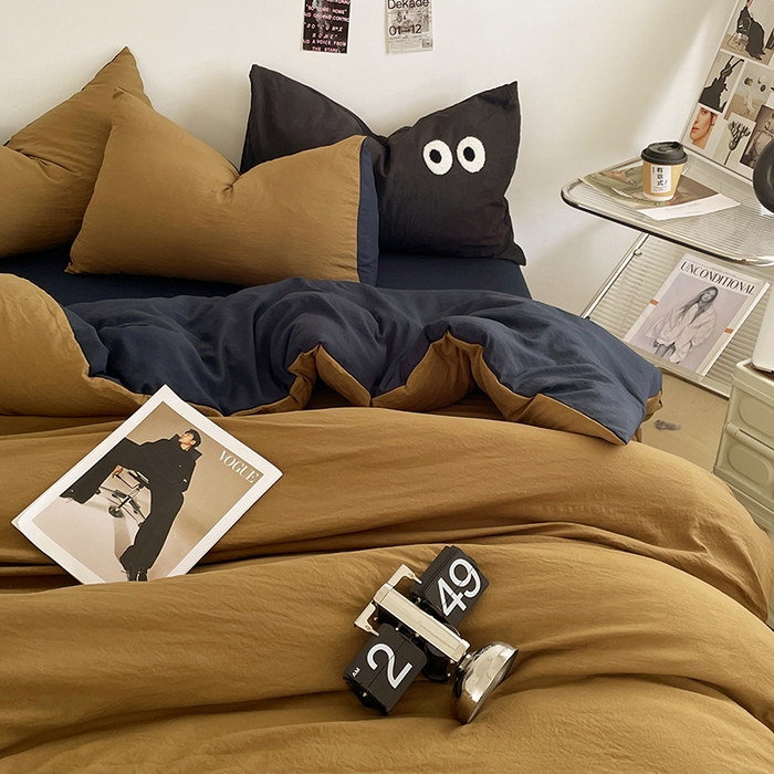 91家纺网 家纺一手货源 找家纺 优尚佳生活馆 2025新款ins风超柔褶皱亲肤磨毛水洗棉四件套双拼系列（风格一） 玛瑙洛克