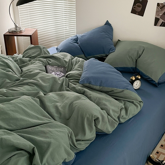 91家纺网 家纺一手货源 找家纺 优尚佳生活馆 2025新款ins风超柔褶皱亲肤磨毛水洗棉四件套双拼系列（风格二） 清新牛仔