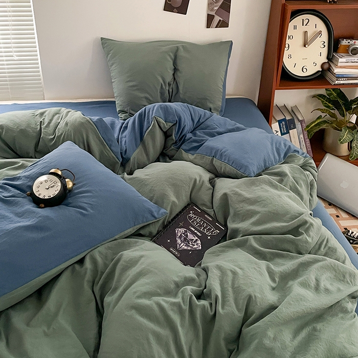 91家纺网 家纺一手货源 找家纺 优尚佳生活馆 2025新款ins风超柔褶皱亲肤磨毛水洗棉四件套双拼系列（风格二） 清新牛仔