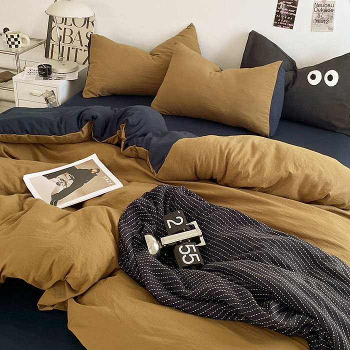 91家纺网 家纺一手货源 找家纺 优尚佳生活馆 2025新款ins风超柔褶皱亲肤磨毛水洗棉四件套双拼系列（风格一） 玛瑙洛克