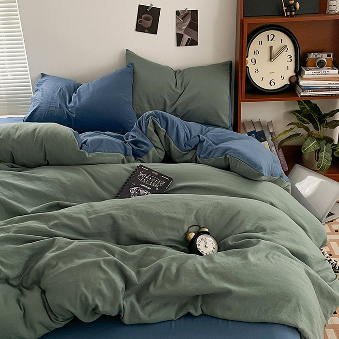 91家纺网 家纺一手货源 找家纺 优尚佳生活馆 2025新款ins风超柔褶皱亲肤磨毛水洗棉四件套双拼系列（风格二） 清新牛仔