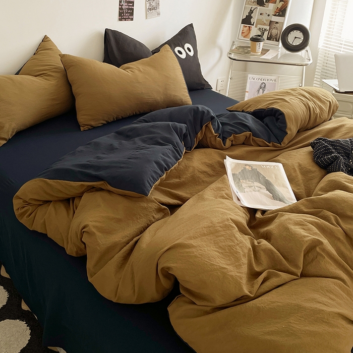 91家纺网 家纺一手货源 找家纺 优尚佳生活馆 2025新款ins风超柔褶皱亲肤磨毛水洗棉四件套双拼系列（风格一） 玛瑙洛克