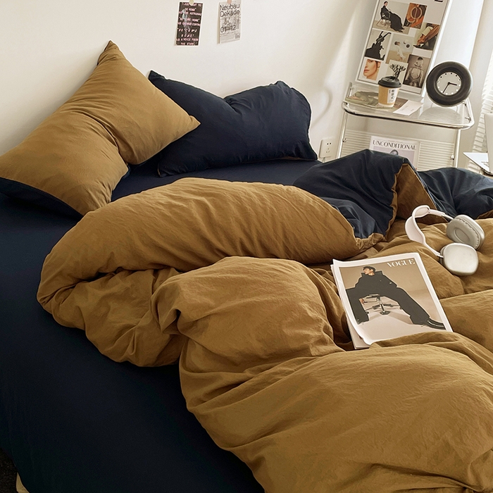 91家纺网 家纺一手货源 找家纺 优尚佳生活馆 2025新款ins风超柔褶皱亲肤磨毛水洗棉四件套双拼系列（风格一） 玛瑙洛克