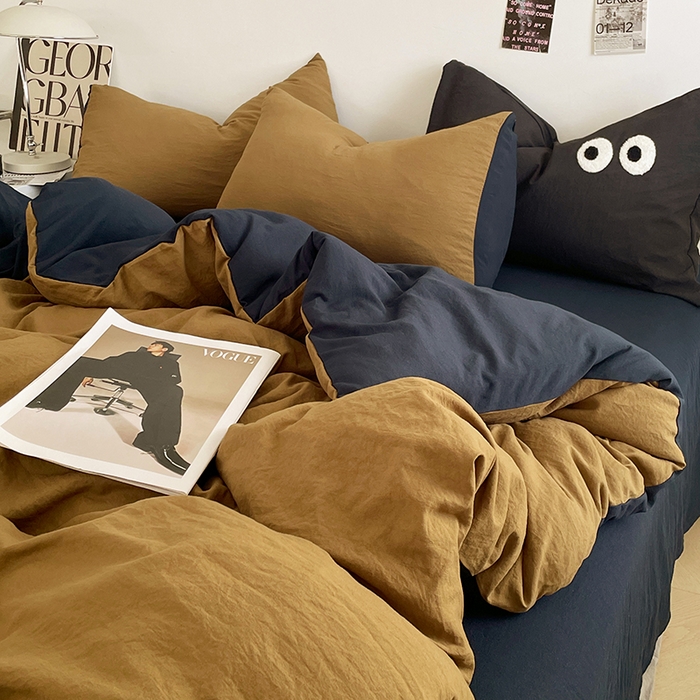 91家纺网 家纺一手货源 找家纺 优尚佳生活馆 2025新款ins风超柔褶皱亲肤磨毛水洗棉四件套双拼系列（风格一） 玛瑙洛克