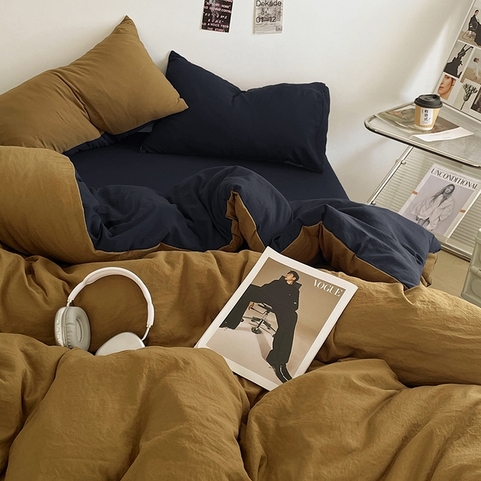 91家纺网 家纺一手货源 找家纺 优尚佳生活馆 2025新款ins风超柔褶皱亲肤磨毛水洗棉四件套双拼系列（风格一） 玛瑙洛克