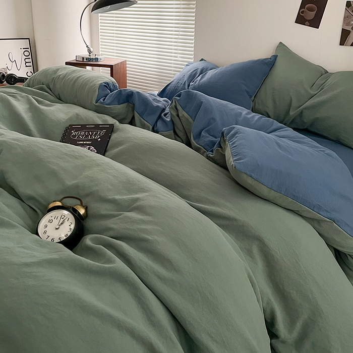 91家纺网 家纺一手货源 找家纺 优尚佳生活馆 2025新款ins风超柔褶皱亲肤磨毛水洗棉四件套双拼系列（风格二） 清新牛仔