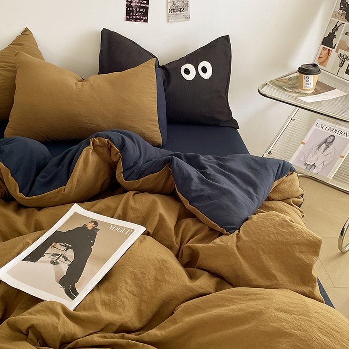 91家纺网 家纺一手货源 找家纺 优尚佳生活馆 2025新款ins风超柔褶皱亲肤磨毛水洗棉四件套双拼系列（风格一） 玛瑙洛克