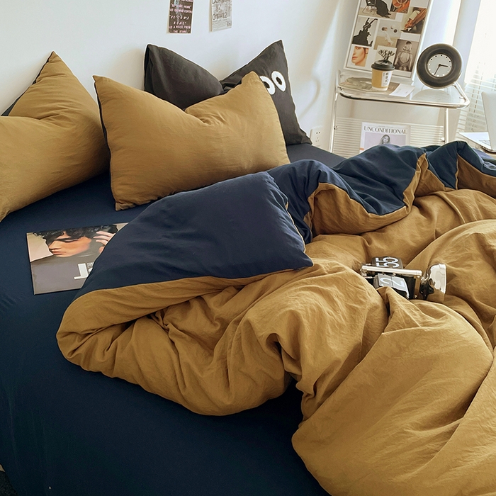 91家纺网 家纺一手货源 找家纺 优尚佳生活馆 2025新款ins风超柔褶皱亲肤磨毛水洗棉四件套双拼系列（风格一） 玛瑙洛克