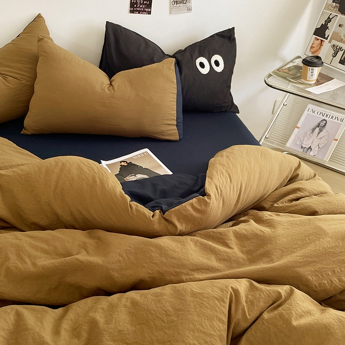 91家纺网 家纺一手货源 找家纺 优尚佳生活馆 2025新款ins风超柔褶皱亲肤磨毛水洗棉四件套双拼系列（风格一） 玛瑙洛克