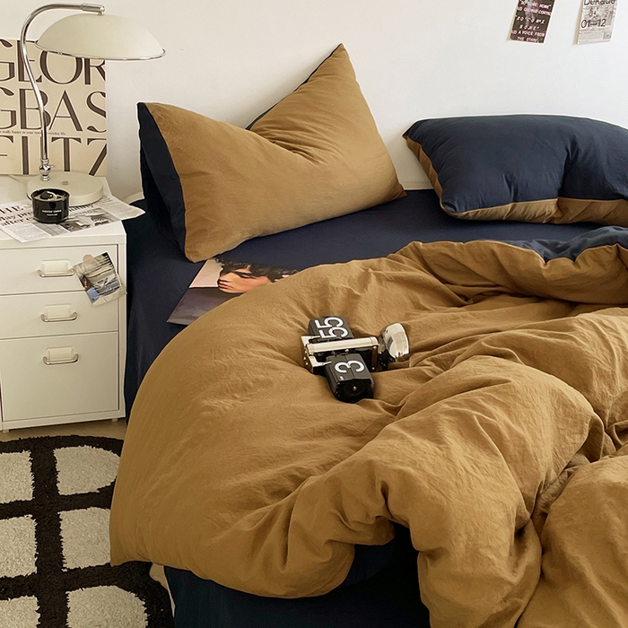 91家纺网 家纺一手货源 找家纺 优尚佳生活馆 2025新款ins风超柔褶皱亲肤磨毛水洗棉四件套双拼系列（风格一） 玛瑙洛克