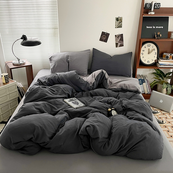 优尚佳生活馆 2025新款ins风超柔褶皱亲肤磨毛水洗棉四件套双拼系列（风格二） 深浅灰