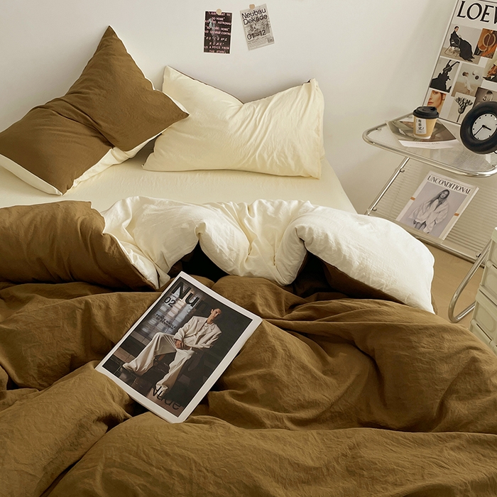 91家纺网 家纺一手货源 找家纺 优尚佳生活馆 2025新款ins风超柔褶皱亲肤磨毛水洗棉四件套双拼系列（风格一） 玛瑙芝士