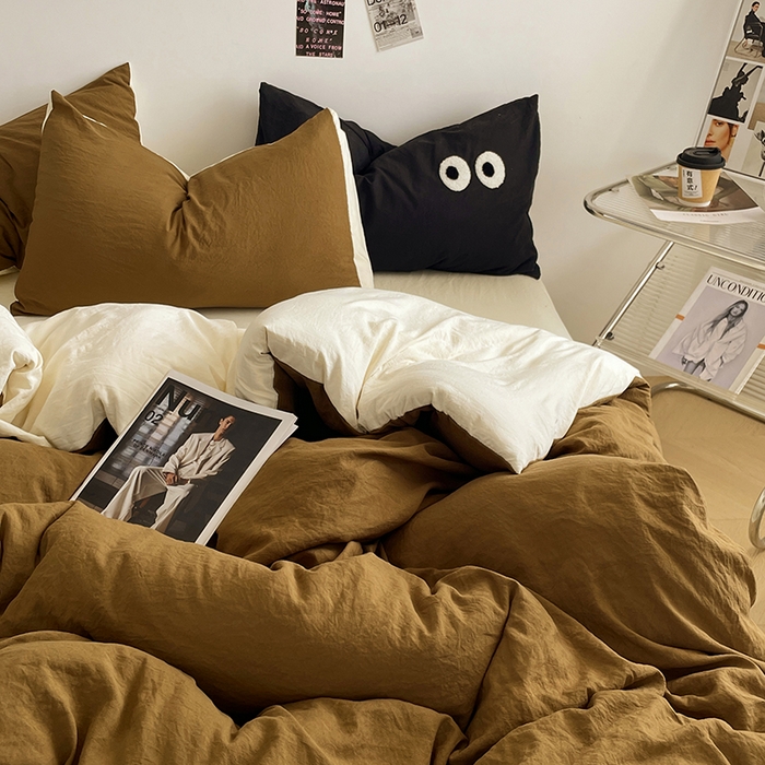 91家纺网 家纺一手货源 找家纺 优尚佳生活馆 2025新款ins风超柔褶皱亲肤磨毛水洗棉四件套双拼系列（风格一） 玛瑙芝士