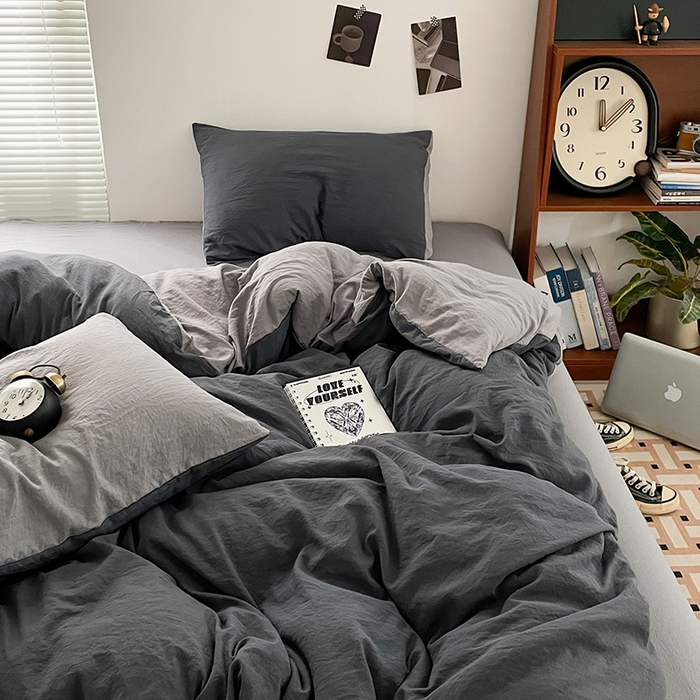 91家纺网 家纺一手货源 找家纺 优尚佳生活馆 2025新款ins风超柔褶皱亲肤磨毛水洗棉四件套双拼系列（风格二） 深浅灰