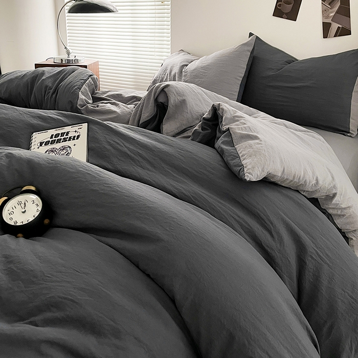 91家纺网 家纺一手货源 找家纺 优尚佳生活馆 2025新款ins风超柔褶皱亲肤磨毛水洗棉四件套双拼系列（风格二） 深浅灰