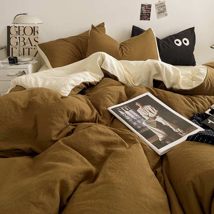 91家纺网 家纺一手货源 找家纺 优尚佳生活馆 2025新款ins风超柔褶皱亲肤磨毛水洗棉四件套双拼系列（风格一） 玛瑙芝士