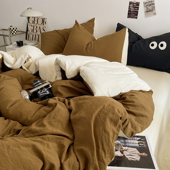 91家纺网 家纺一手货源 找家纺 优尚佳生活馆 2025新款ins风超柔褶皱亲肤磨毛水洗棉四件套双拼系列（风格一） 玛瑙芝士