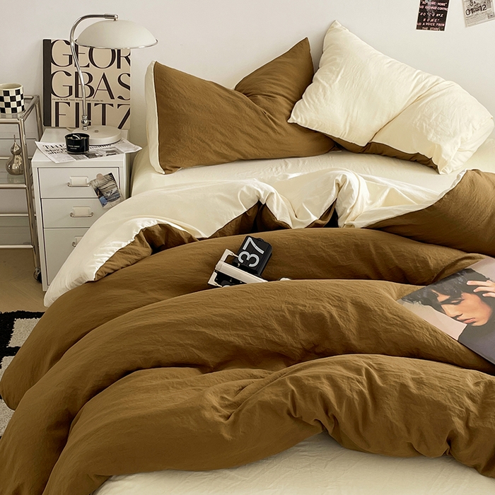 91家纺网 家纺一手货源 找家纺 优尚佳生活馆 2025新款ins风超柔褶皱亲肤磨毛水洗棉四件套双拼系列（风格一） 玛瑙芝士