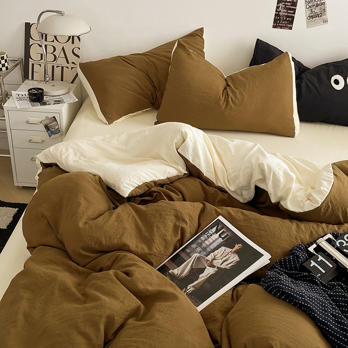 91家纺网 家纺一手货源 找家纺 优尚佳生活馆 2025新款ins风超柔褶皱亲肤磨毛水洗棉四件套双拼系列（风格一） 玛瑙芝士