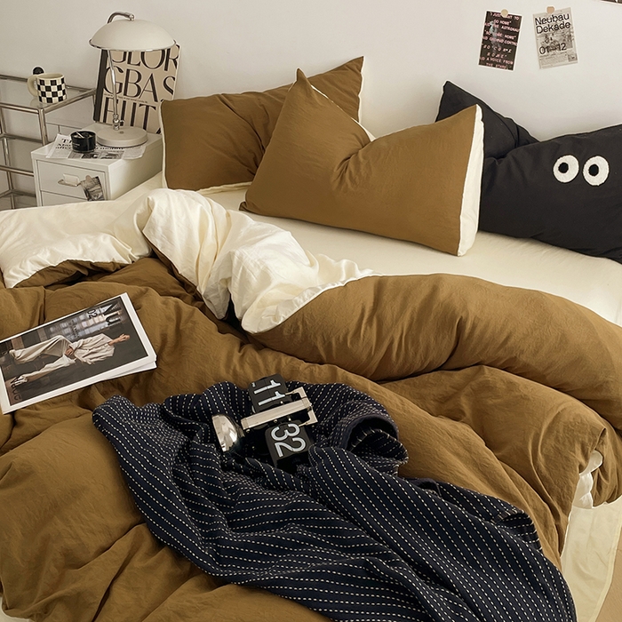 91家纺网 家纺一手货源 找家纺 优尚佳生活馆 2025新款ins风超柔褶皱亲肤磨毛水洗棉四件套双拼系列（风格一） 玛瑙芝士