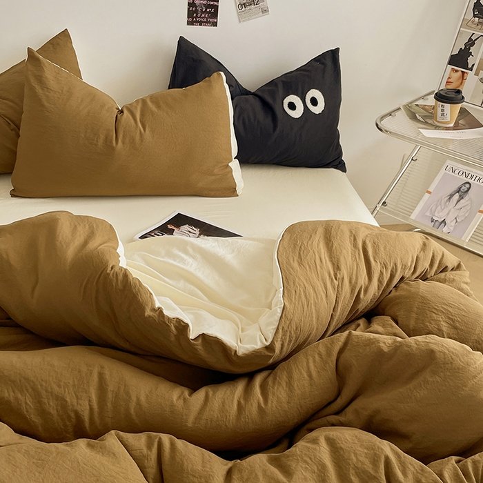 91家纺网 家纺一手货源 找家纺 优尚佳生活馆 2025新款ins风超柔褶皱亲肤磨毛水洗棉四件套双拼系列（风格一） 玛瑙芝士