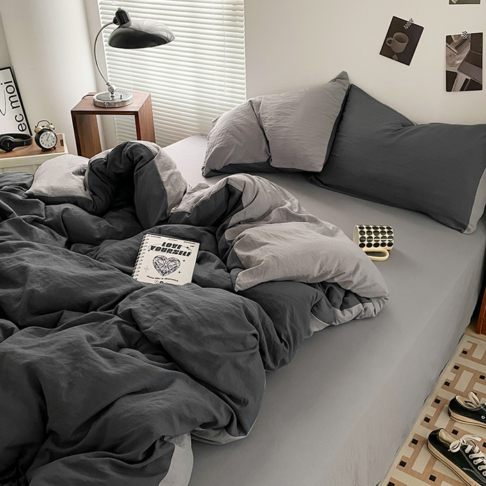 91家纺网 家纺一手货源 找家纺 优尚佳生活馆 2025新款ins风超柔褶皱亲肤磨毛水洗棉四件套双拼系列（风格二） 深浅灰
