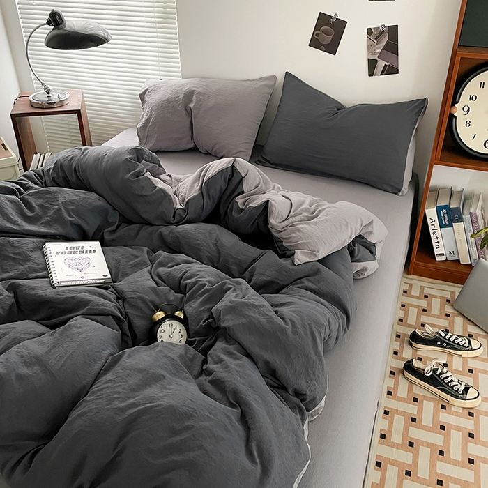 91家纺网 家纺一手货源 找家纺 优尚佳生活馆 2025新款ins风超柔褶皱亲肤磨毛水洗棉四件套双拼系列（风格二） 深浅灰