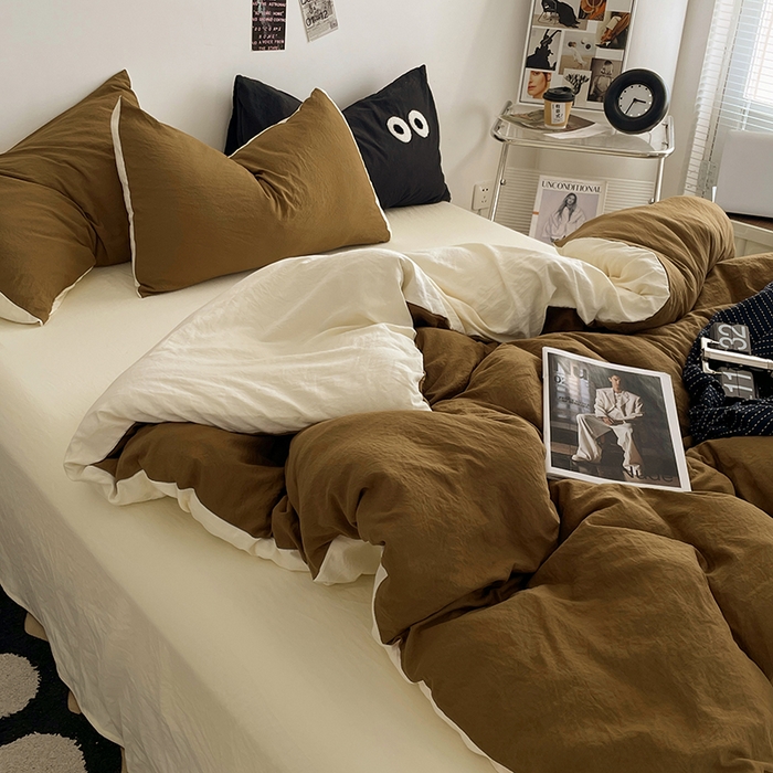 91家纺网 家纺一手货源 找家纺 优尚佳生活馆 2025新款ins风超柔褶皱亲肤磨毛水洗棉四件套双拼系列（风格一） 玛瑙芝士