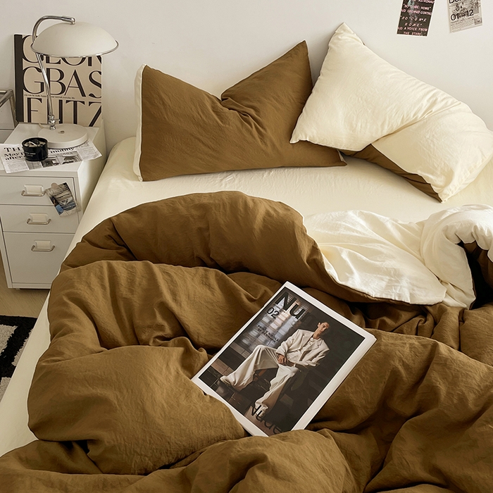 91家纺网 家纺一手货源 找家纺 优尚佳生活馆 2025新款ins风超柔褶皱亲肤磨毛水洗棉四件套双拼系列（风格一） 玛瑙芝士