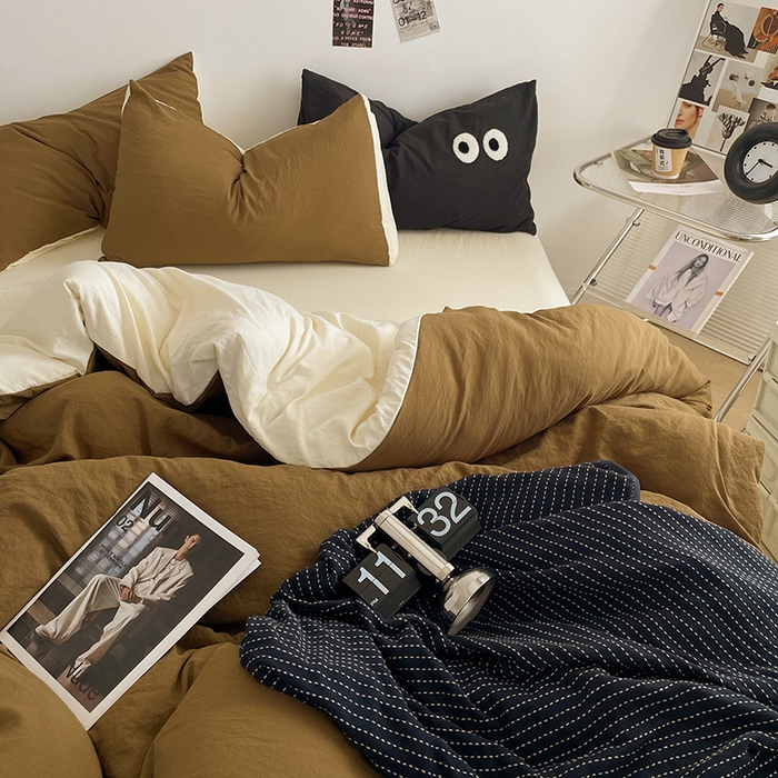 91家纺网 家纺一手货源 找家纺 优尚佳生活馆 2025新款ins风超柔褶皱亲肤磨毛水洗棉四件套双拼系列（风格一） 玛瑙芝士