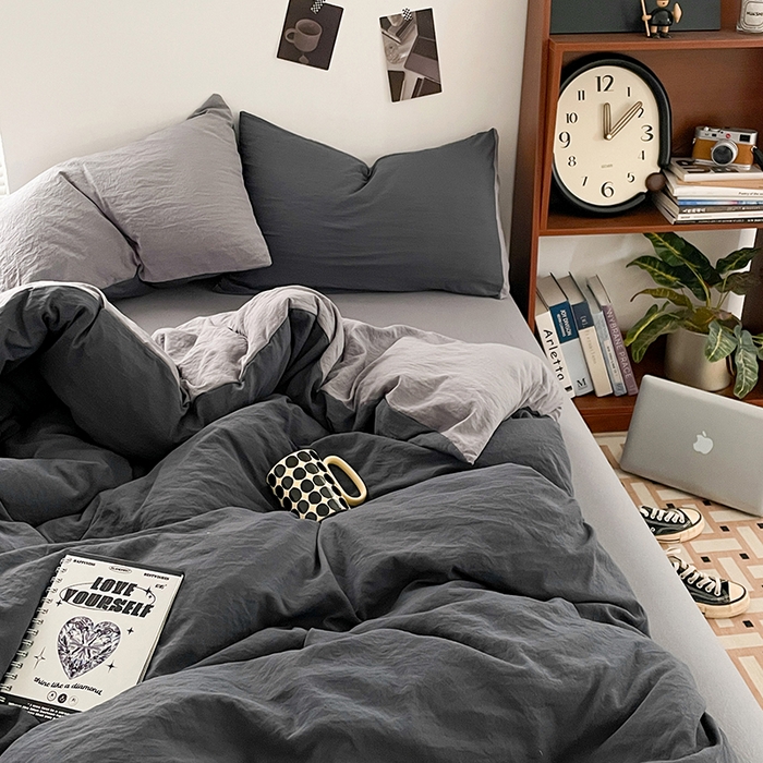 91家纺网 家纺一手货源 找家纺 优尚佳生活馆 2025新款ins风超柔褶皱亲肤磨毛水洗棉四件套双拼系列（风格二） 深浅灰