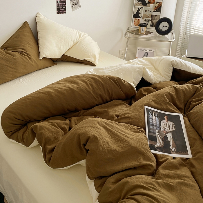 91家纺网 家纺一手货源 找家纺 优尚佳生活馆 2025新款ins风超柔褶皱亲肤磨毛水洗棉四件套双拼系列（风格一） 玛瑙芝士