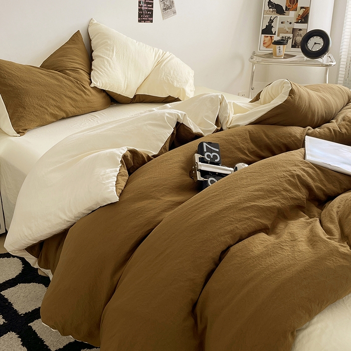 91家纺网 家纺一手货源 找家纺 优尚佳生活馆 2025新款ins风超柔褶皱亲肤磨毛水洗棉四件套双拼系列（风格一） 玛瑙芝士