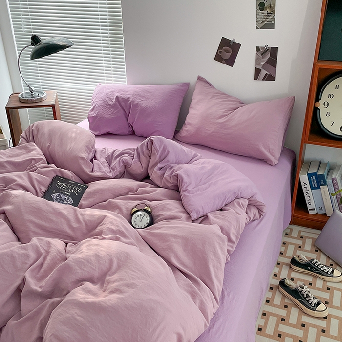 91家纺网 家纺一手货源 找家纺 优尚佳生活馆 2025新款ins风超柔褶皱亲肤磨毛水洗棉四件套双拼系列（风格二） 深紫浅紫