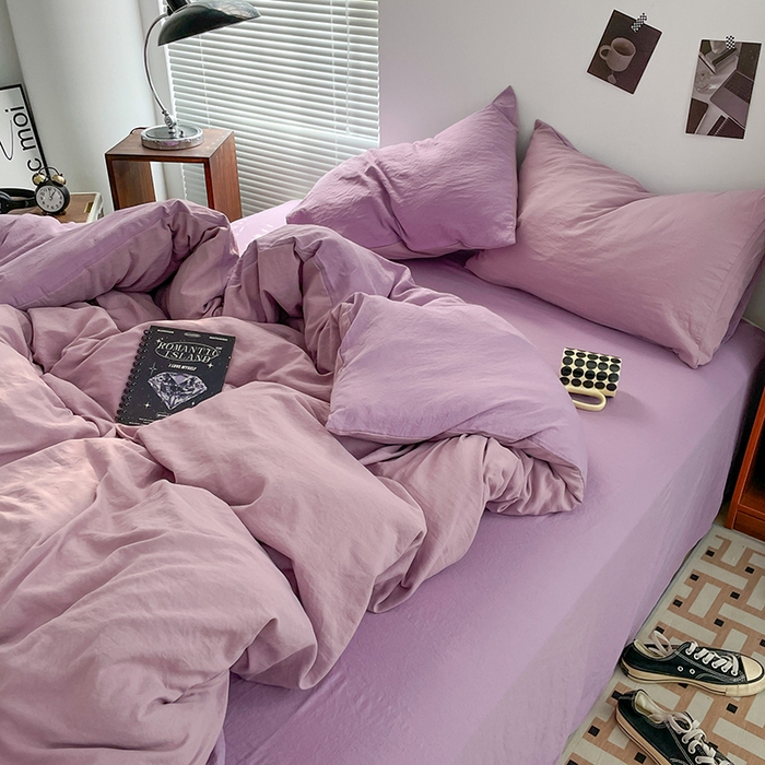 91家纺网 家纺一手货源 找家纺 优尚佳生活馆 2025新款ins风超柔褶皱亲肤磨毛水洗棉四件套双拼系列（风格二） 深紫浅紫