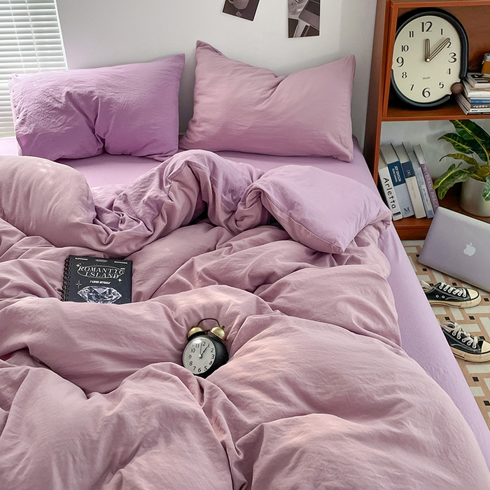 91家纺网 家纺一手货源 找家纺 优尚佳生活馆 2025新款ins风超柔褶皱亲肤磨毛水洗棉四件套双拼系列（风格二） 深紫浅紫