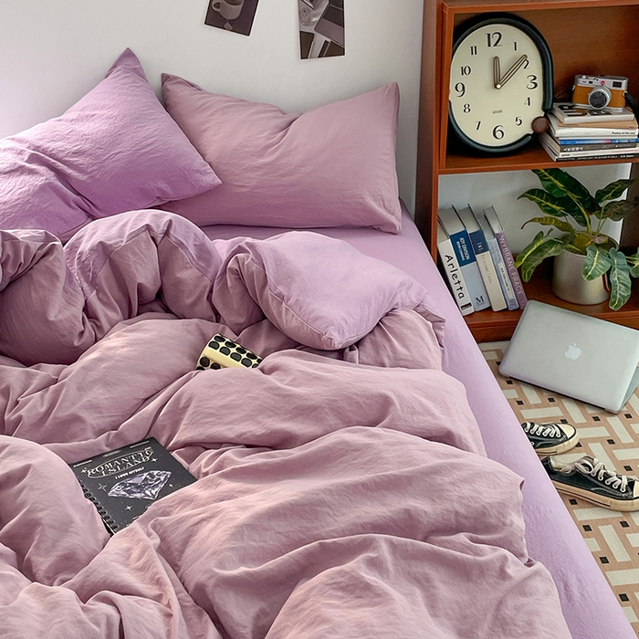 91家纺网 家纺一手货源 找家纺 优尚佳生活馆 2025新款ins风超柔褶皱亲肤磨毛水洗棉四件套双拼系列（风格二） 深紫浅紫