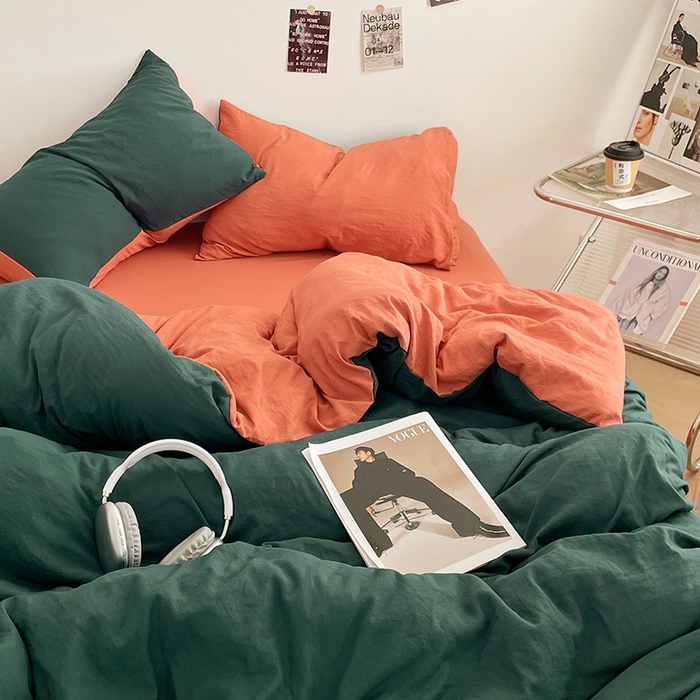 91家纺网 家纺一手货源 找家纺 优尚佳生活馆 2025新款ins风超柔褶皱亲肤磨毛水洗棉四件套双拼系列（风格一） 宝绿橙
