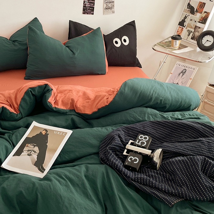 91家纺网 家纺一手货源 找家纺 优尚佳生活馆 2025新款ins风超柔褶皱亲肤磨毛水洗棉四件套双拼系列（风格一） 宝绿橙