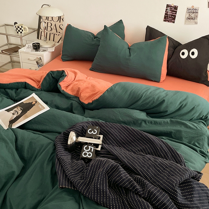 91家纺网 家纺一手货源 找家纺 优尚佳生活馆 2025新款ins风超柔褶皱亲肤磨毛水洗棉四件套双拼系列（风格一） 宝绿橙