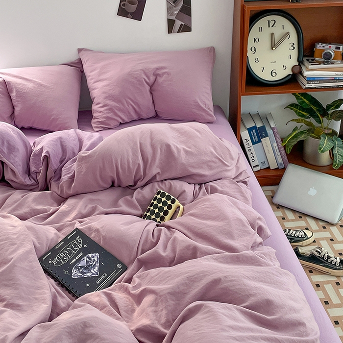 91家纺网 家纺一手货源 找家纺 优尚佳生活馆 2025新款ins风超柔褶皱亲肤磨毛水洗棉四件套双拼系列（风格二） 深紫浅紫