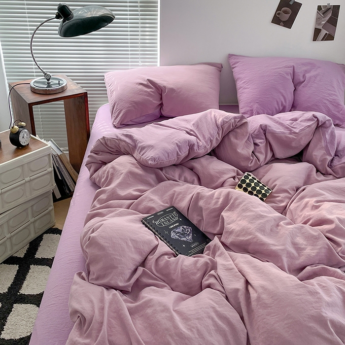91家纺网 家纺一手货源 找家纺 优尚佳生活馆 2025新款ins风超柔褶皱亲肤磨毛水洗棉四件套双拼系列（风格二） 深紫浅紫