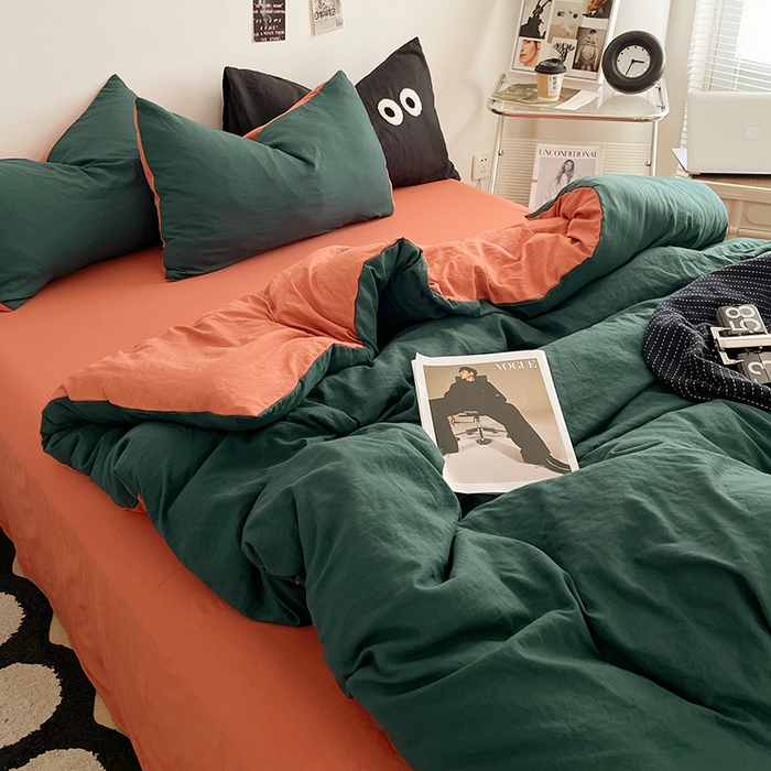 91家纺网 家纺一手货源 找家纺 优尚佳生活馆 2025新款ins风超柔褶皱亲肤磨毛水洗棉四件套双拼系列（风格一） 宝绿橙