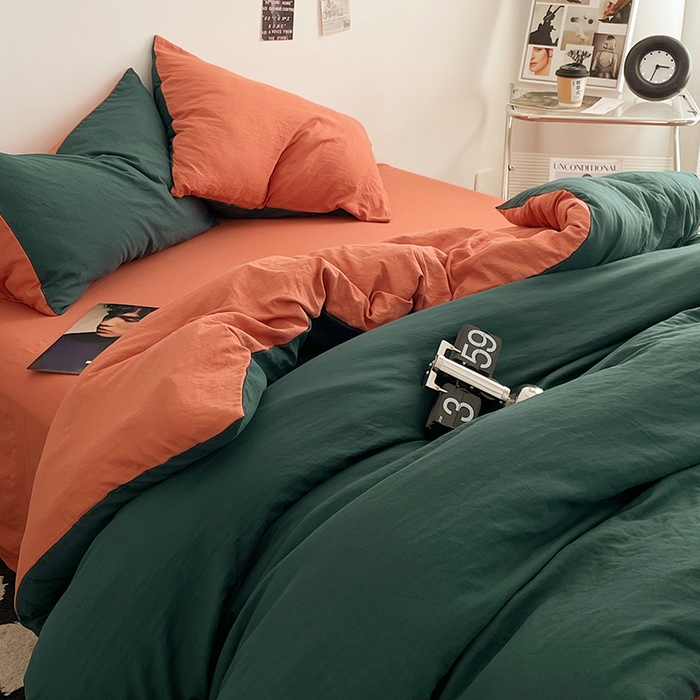 91家纺网 家纺一手货源 找家纺 优尚佳生活馆 2025新款ins风超柔褶皱亲肤磨毛水洗棉四件套双拼系列（风格一） 宝绿橙
