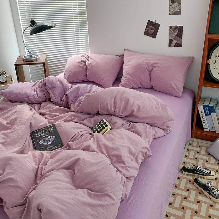 91家纺网 家纺一手货源 找家纺 优尚佳生活馆 2025新款ins风超柔褶皱亲肤磨毛水洗棉四件套双拼系列（风格二） 深紫浅紫