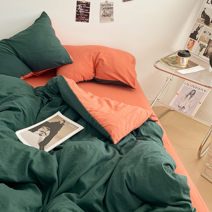 91家纺网 家纺一手货源 找家纺 优尚佳生活馆 2025新款ins风超柔褶皱亲肤磨毛水洗棉四件套双拼系列（风格一） 宝绿橙