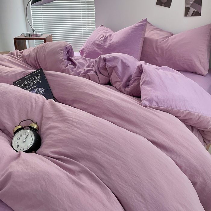 91家纺网 家纺一手货源 找家纺 优尚佳生活馆 2025新款ins风超柔褶皱亲肤磨毛水洗棉四件套双拼系列（风格二） 深紫浅紫