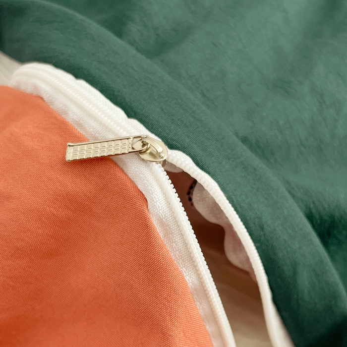 91家纺网 家纺一手货源 找家纺 优尚佳生活馆 2025新款ins风超柔褶皱亲肤磨毛水洗棉四件套双拼系列（风格一） 宝绿橙